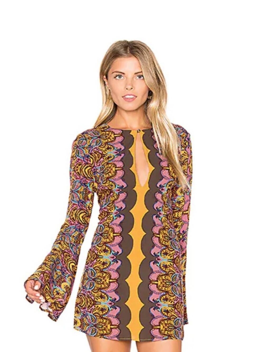 Free People Ossie Vibes Dress Bell Sleeves Retro 70s Print Size 2 Festival Party